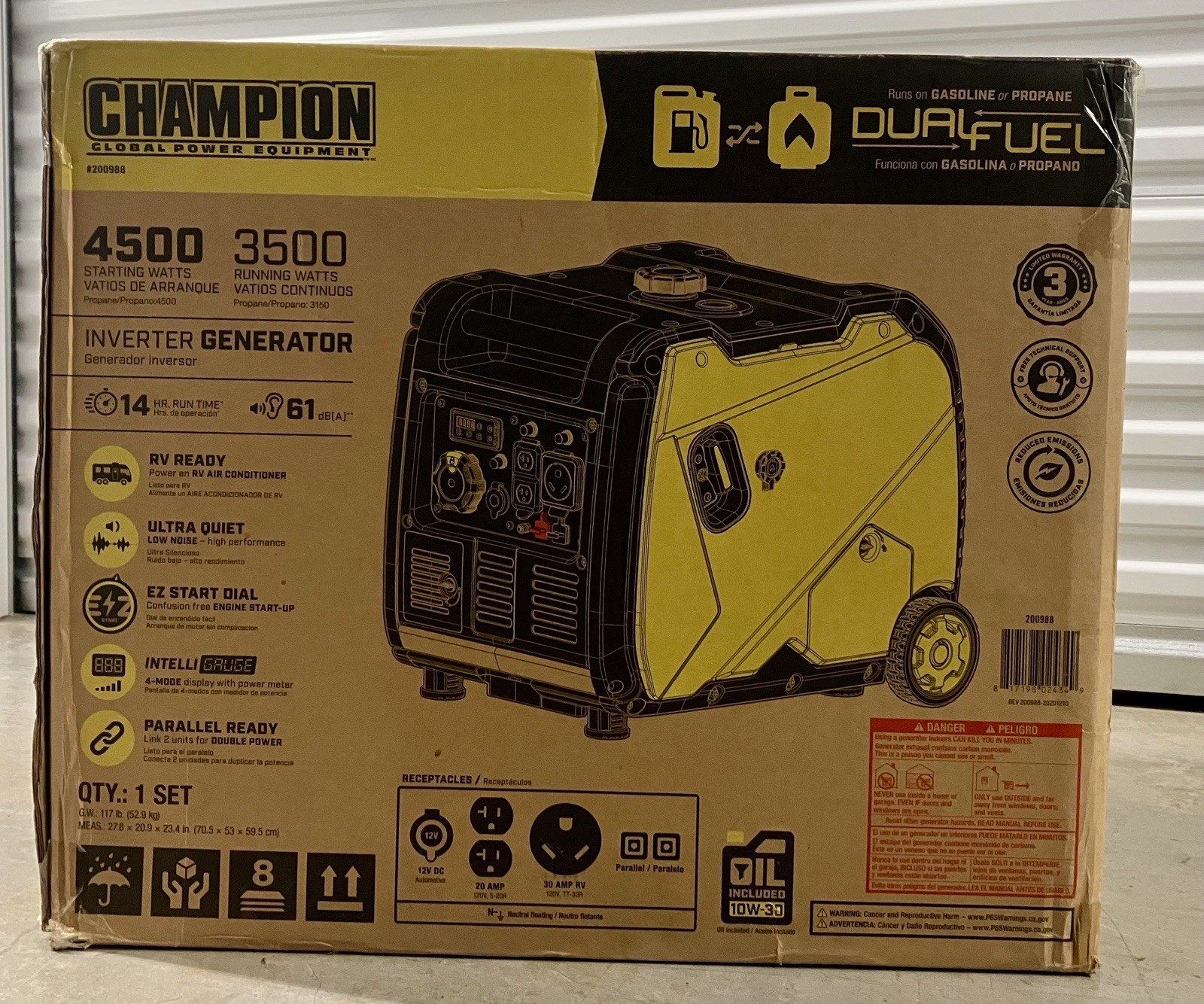 Champion 4500/3500 #200988 Dual Fuel Inverter Generator Parallel Read