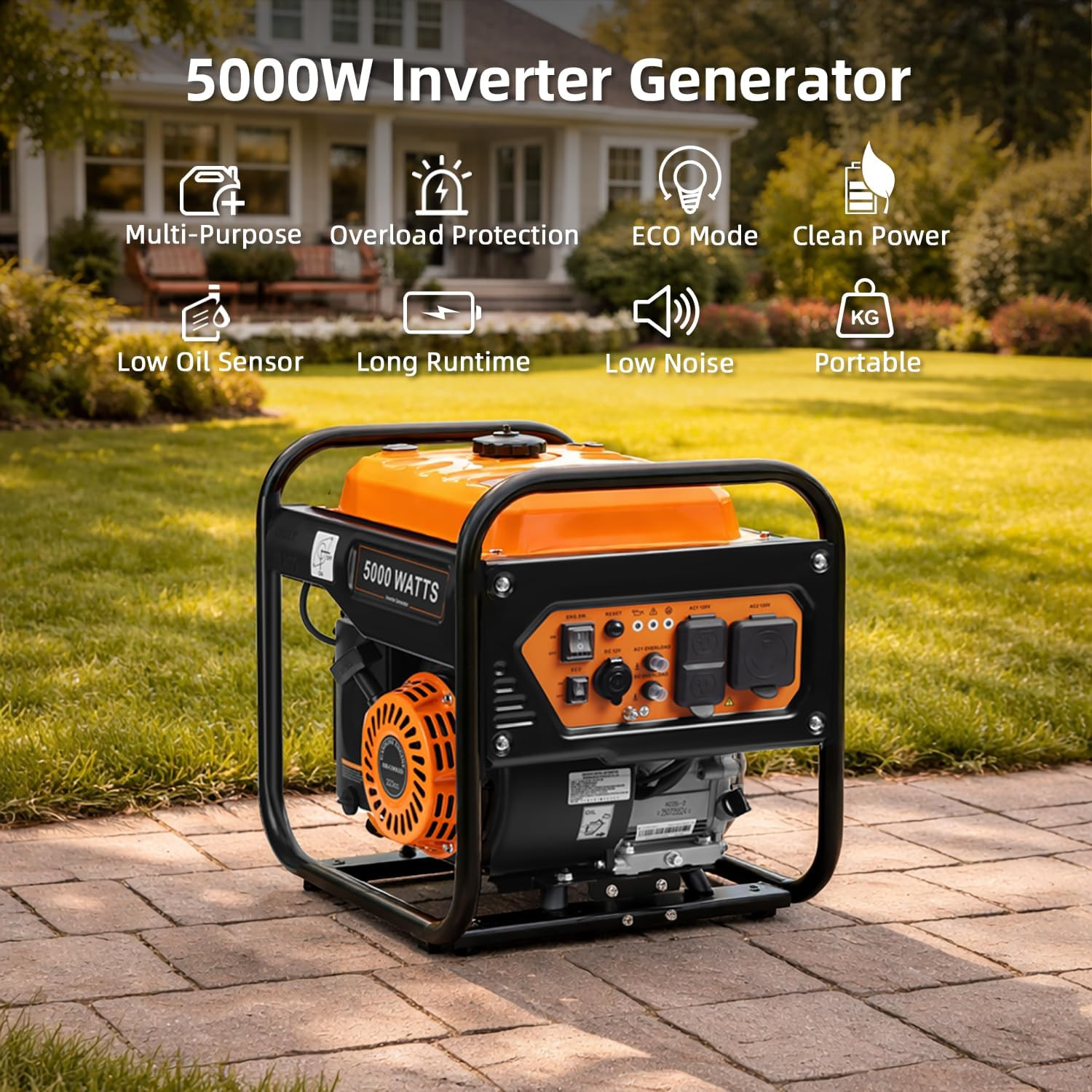 5000-Watts Portable Inverter Generator, Gas Generator for Home Backup, 30A Outle