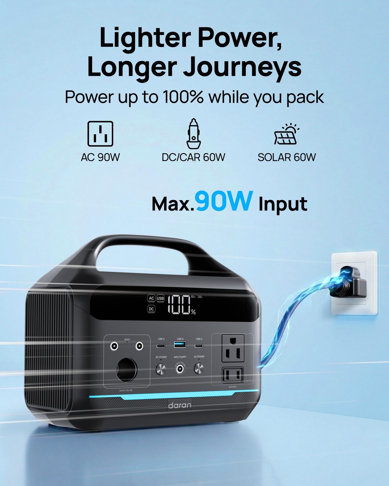 DARAN Portable Power Station 300W, 192Wh LiFePO4 Battery, Solar Black