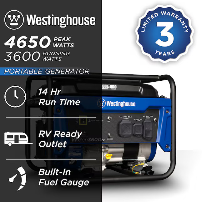 Westinghouse WGen3600cv Recoil Start 4650 / 3600 -Watt Gasoline Single fuel Port