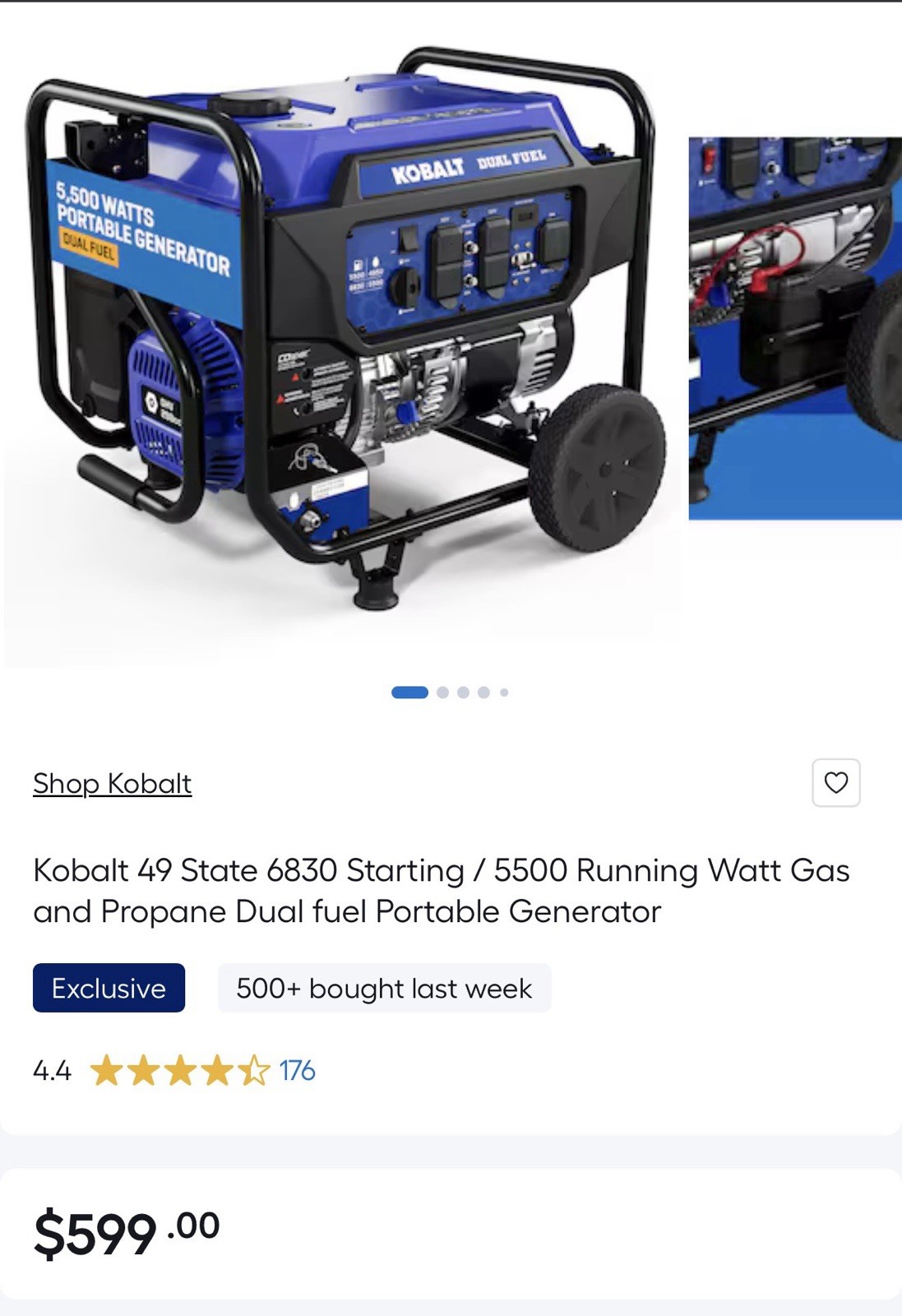 Kobalt 49 State 6830 Starting / 5500 Running Watt Dual fuel Portable Generator