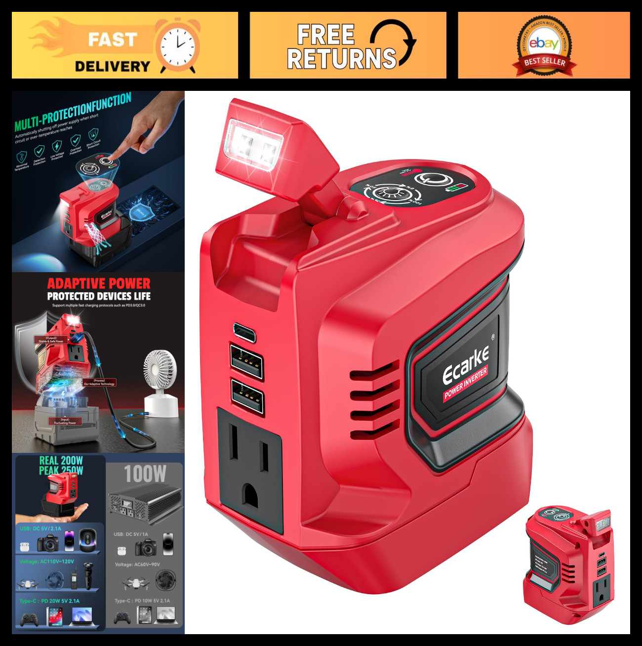 220W Portable Power Inverter for Milwaukee 18V Battery, AC 110V, USB & LED Light