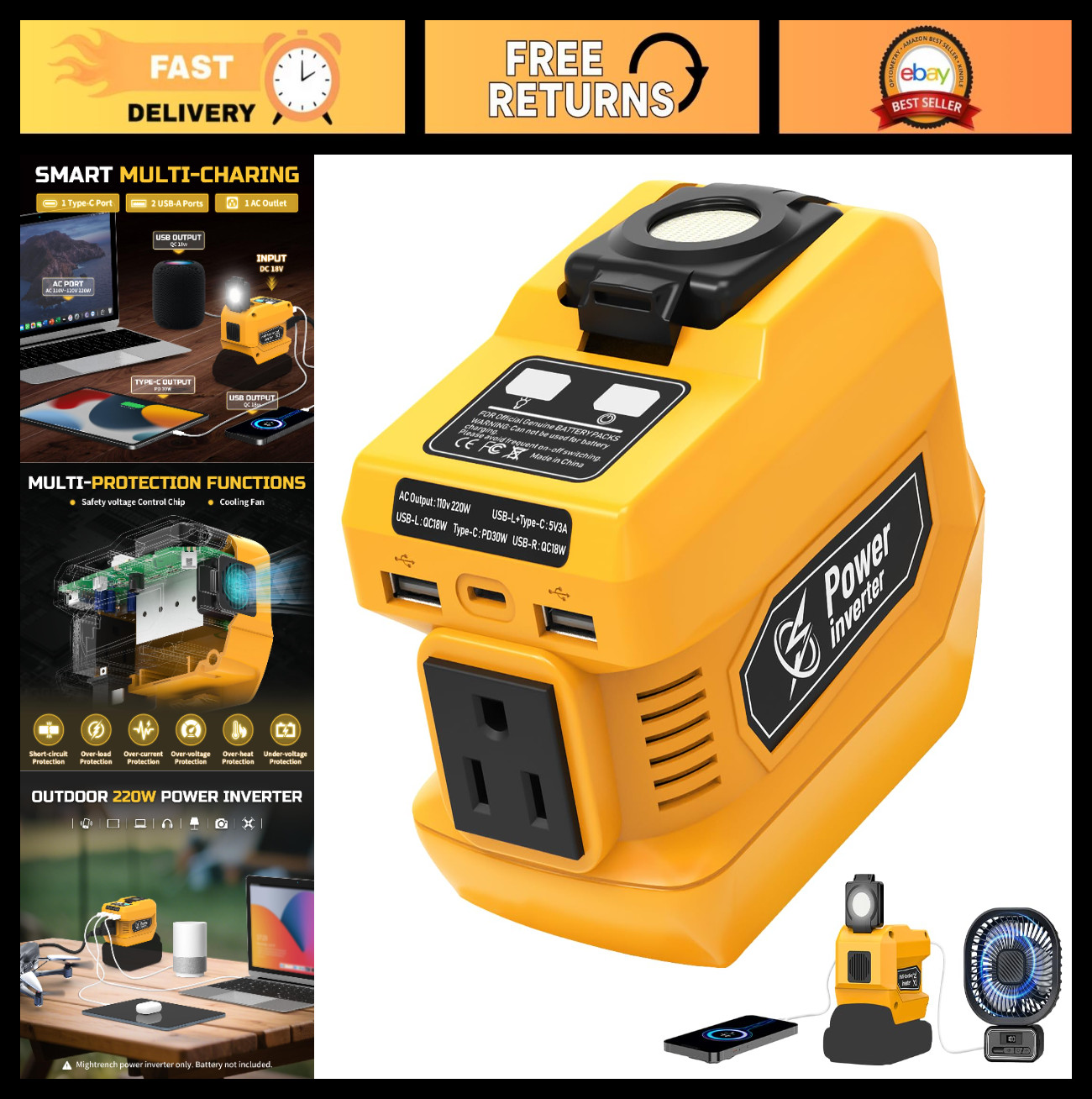 220W Portable Power Inverter for 20V Battery, DC to AC 110V-120V, 2 USB Ports, T