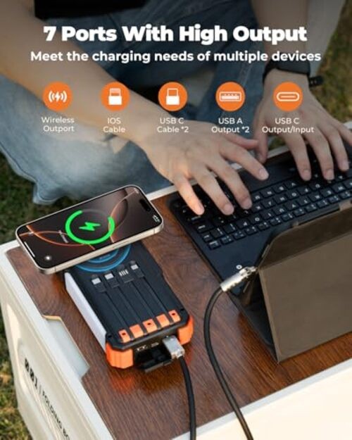 Solar Power Bank with Hand Crank and 4 Cables, 20000mAh Wireless Orange