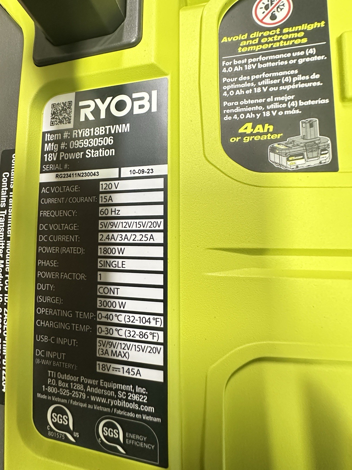 NEW Ryobi RYi818BT ONE+ Volt Power Station Inverter Generator 18V Tool Only