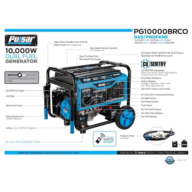 Pulsar 10,000-W Hybrid Portable Dual Fuel Gas Generator, Remote Start, CO Sensor