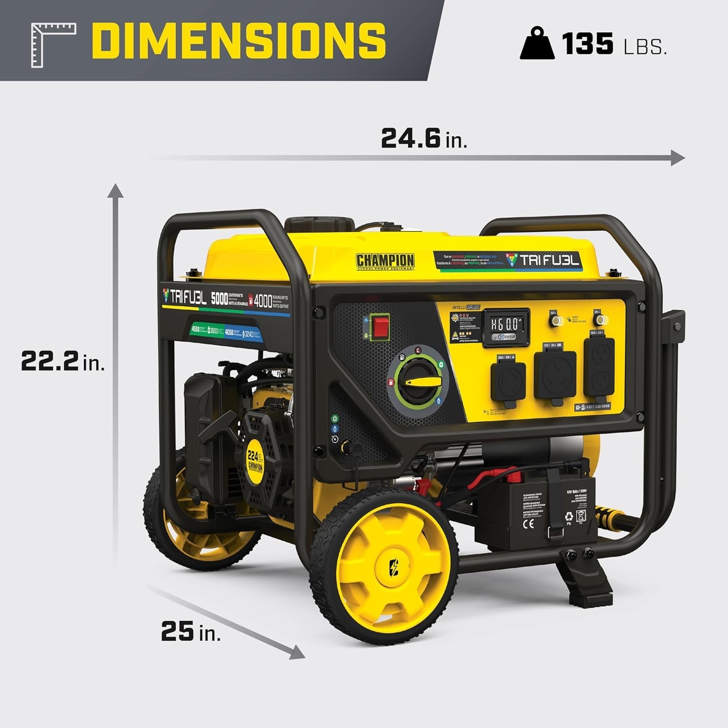 Champion 5,000-W Tri Fuel Gas Portable Generator with CO Sensor, Electric Start