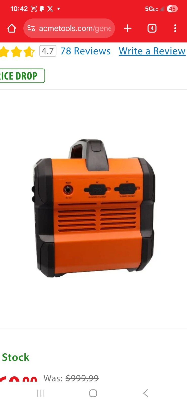 Generac Portable Power Generator Dual Color Orange Black Outdoor Home Backup