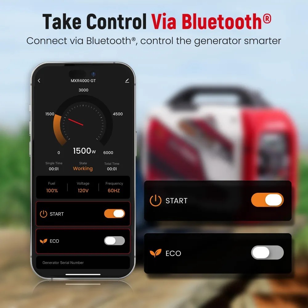 MXR Generator 4000 Watt Dual Fuel Inverter Gas Propane Bluetooth App RV Power