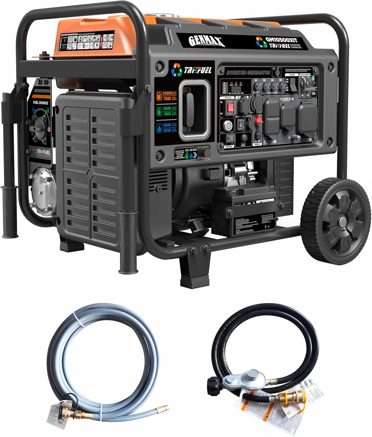 GENMAX 10,500-W Portable Tri Fuel Gas Inverter Generator, Remote Start CO Sensor