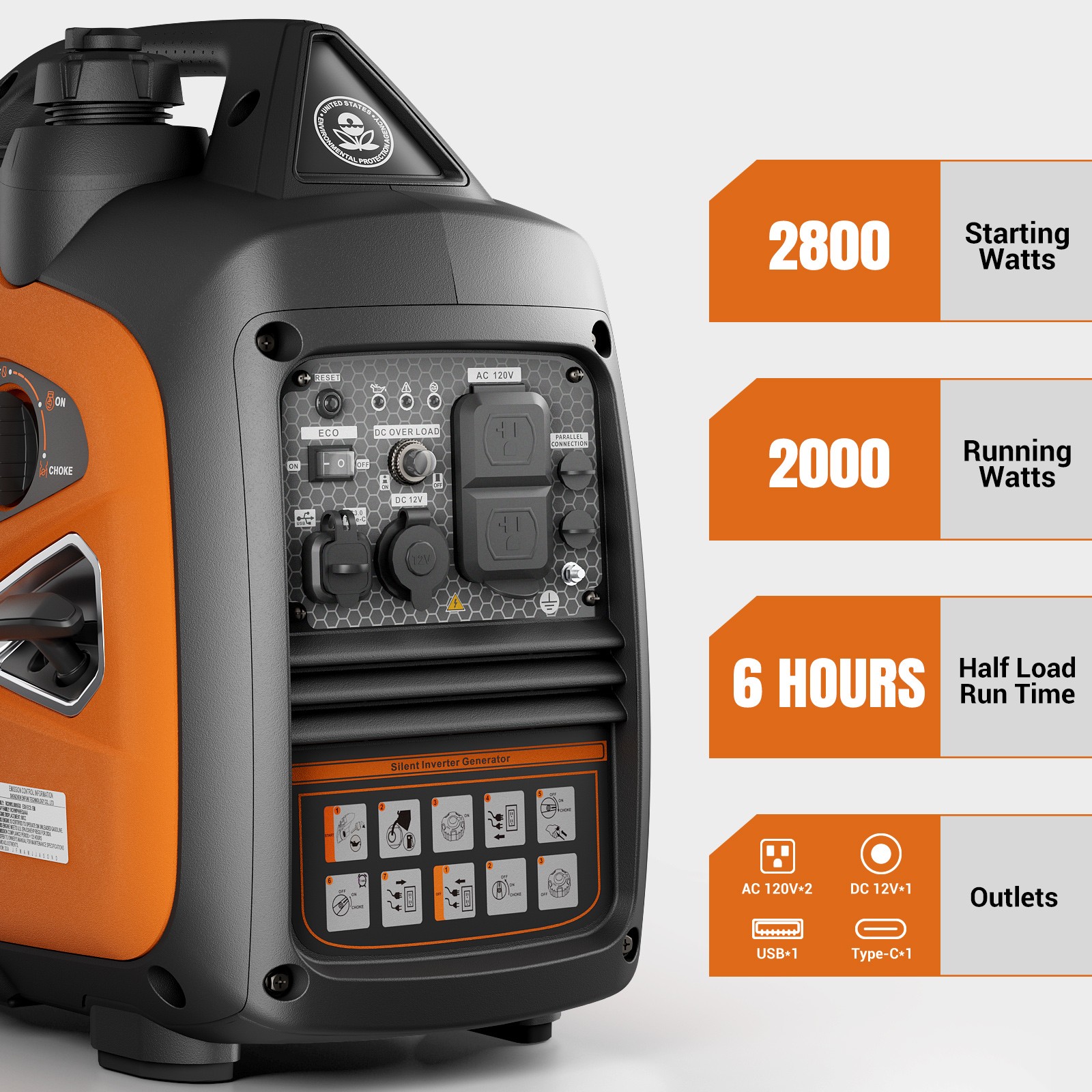 Efurden Inverter Generators 2500W Gas Powered Portable Quiet for Emergency Use