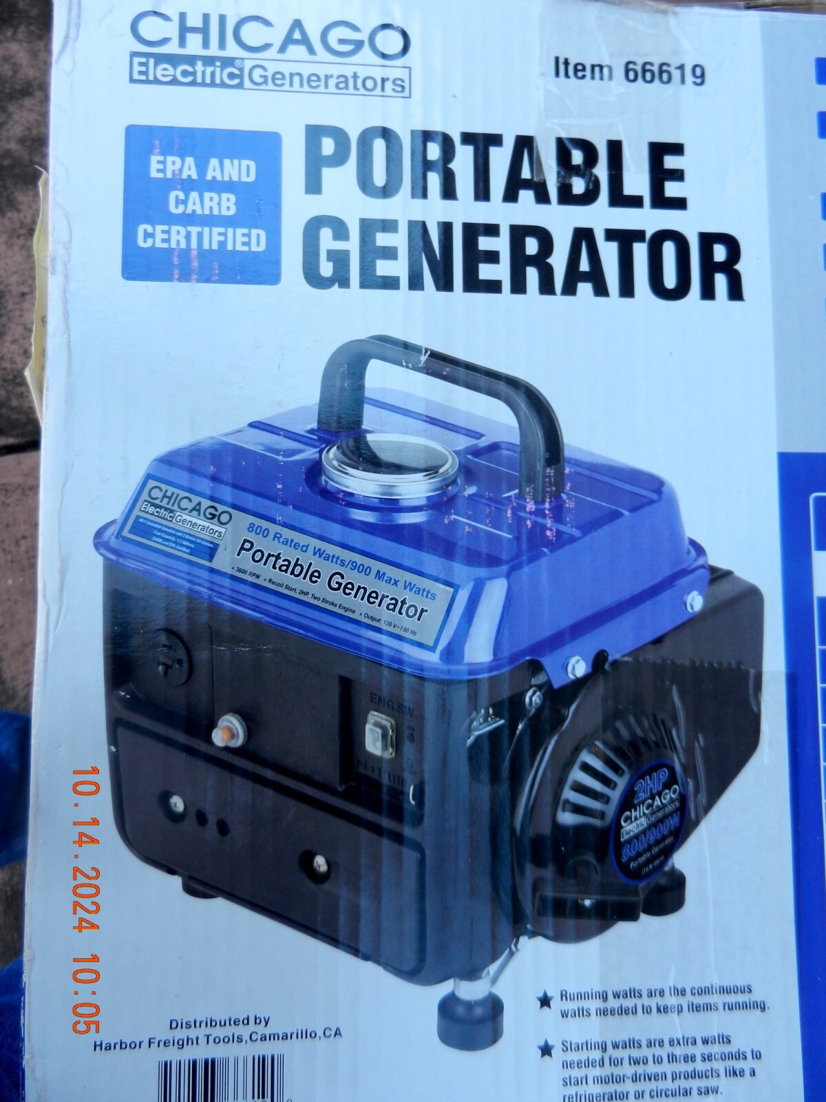 Generator-CHICAGO Electric Portable Generator 2HP 800/900W 5 Hour Run Time- NEW