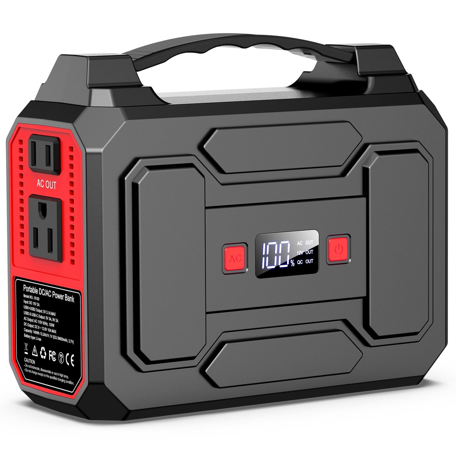 Portable Power Station Bank 146Wh 200W Peak(100W Rated), Solar Powered Red