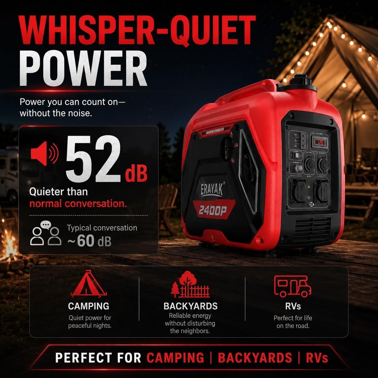 Portable Inverter Generator 2400W Gas Powered Quiet Camping RV Home Backup Eco