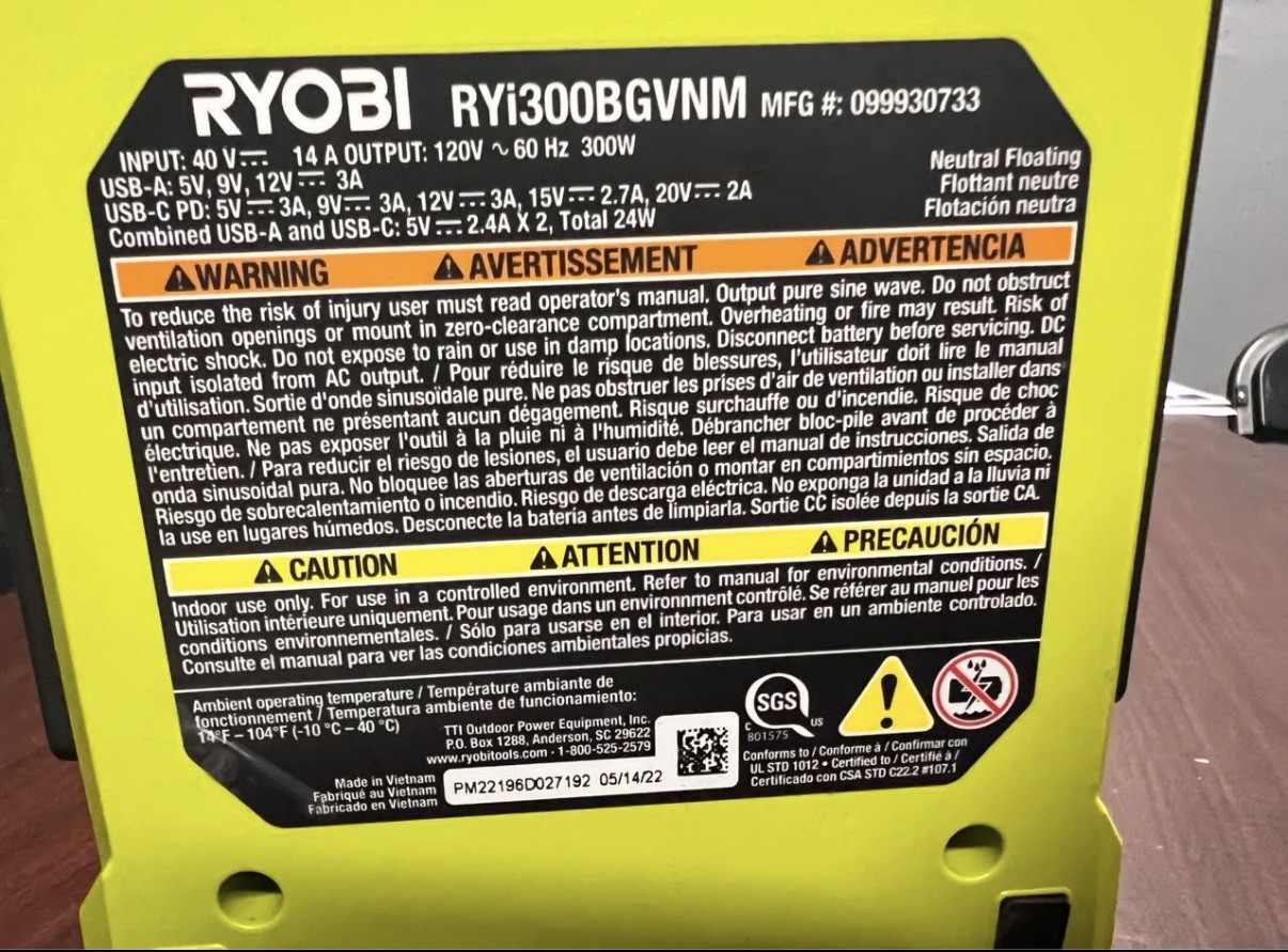 Ryobi 40V 300-Watt Portable Battery Power Source #RYi300BG. Basically New