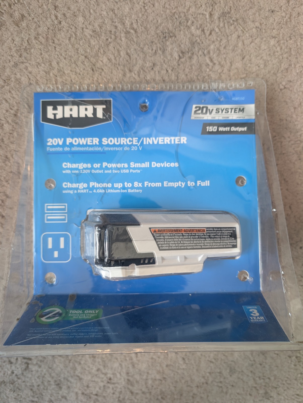 HART 20V Power Source Inverter 150 Watt HGBT150 120V Outlet USB Tool Only