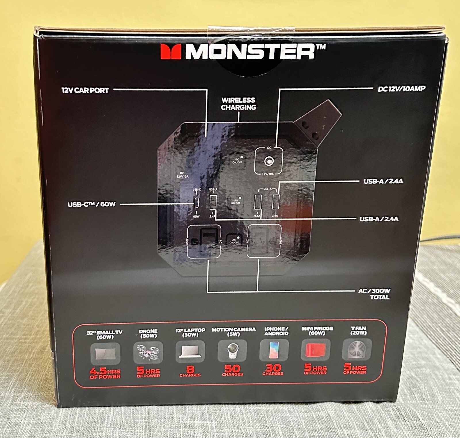 Monster Power Grid Portable 300W Battery Power Station 10W Wireless (Black) New