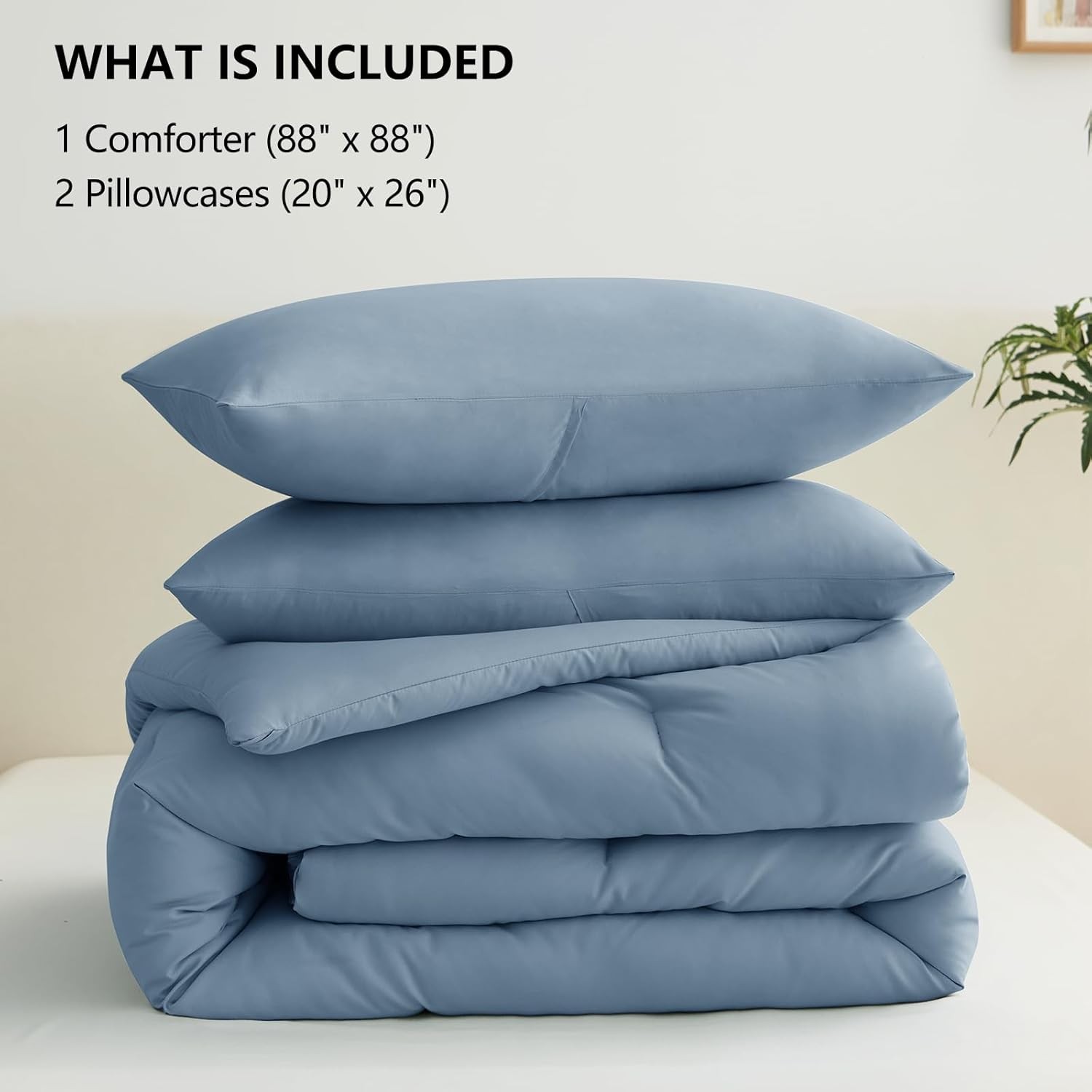 Queen Comforter Set Grayish Blue 1 Comforter & 2 Pillowcases Quilted Soft Fluffy