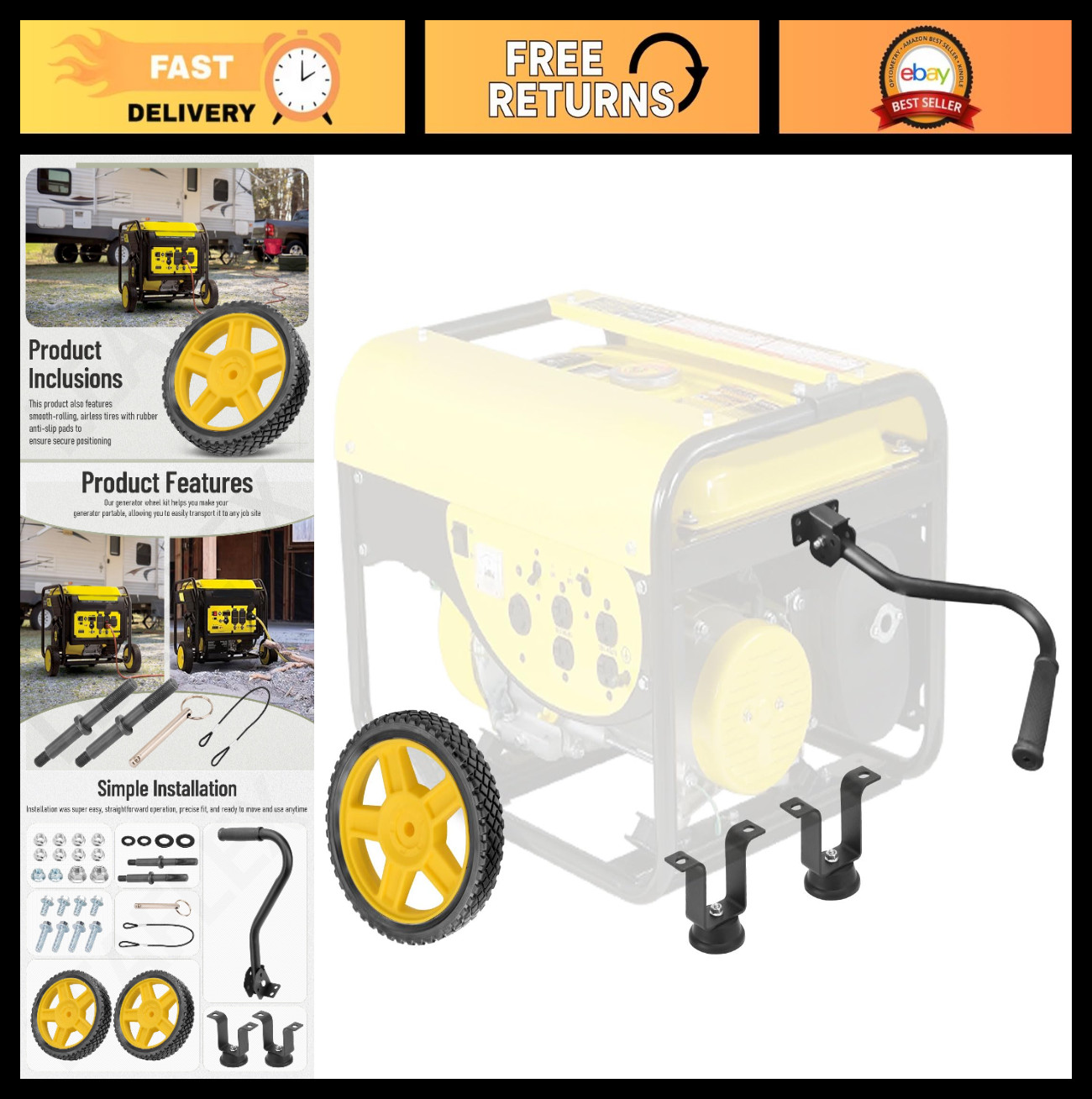 8-Inch Never-Flat Wheel Kit for 4000-8750 Watt Generators, Adjustable Handle