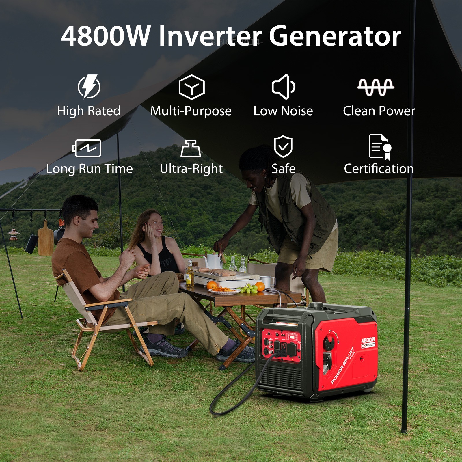 PowerSmart 4800W Gas Inverter Generator, 223cc, 10H Runtime, Parallel Ready, CO