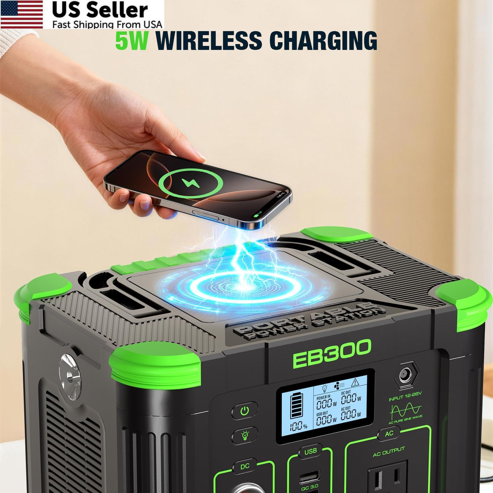 GRECELL Portable Power Station 300W, 288Wh Lithium Battery, 60W Fast Green