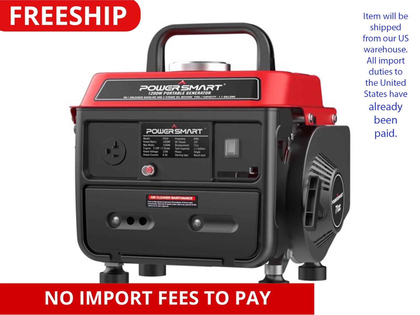 1200W Gas Fuel Generator Portable for Camping Outdoor Low Noise with AC Outlet