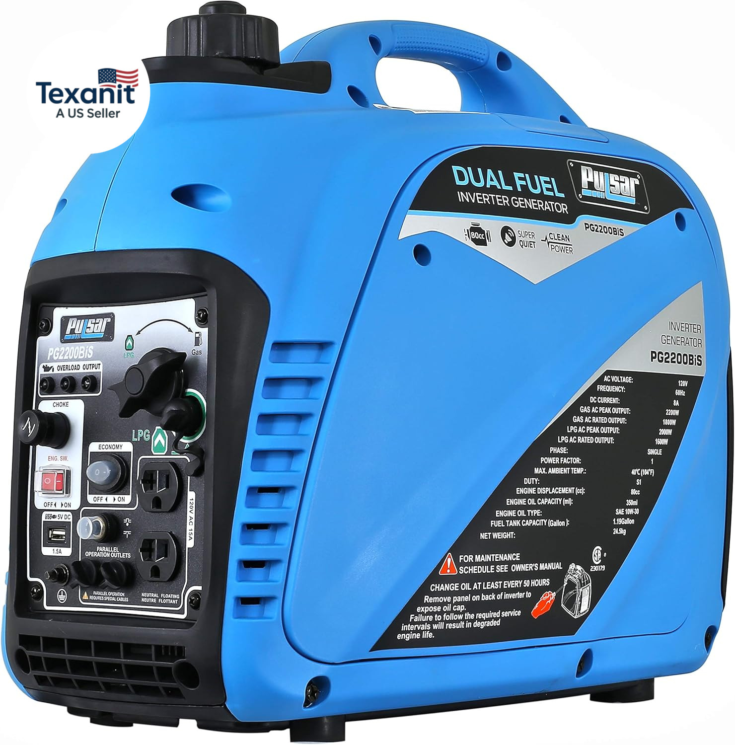 2,200W Portable Dual Fuel Quiet Inverter Generator with USB Outlet & Parallel Ca