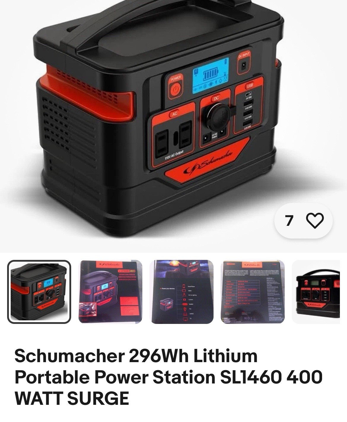 Schumacher SL1460 Lithium-Ion Portable Power Generator 296Wh 400W USB 110V