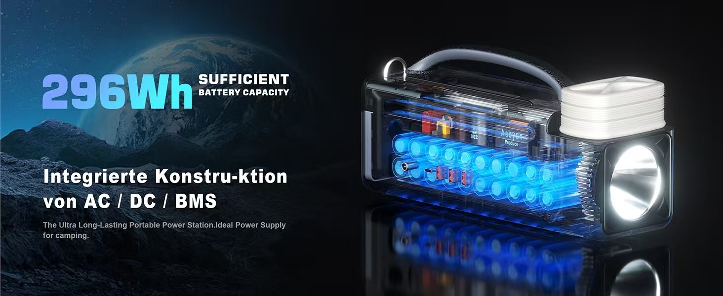 Portable Power Station 300W, 296Wh Battery, Type-C, Flashlight, Solar Charging