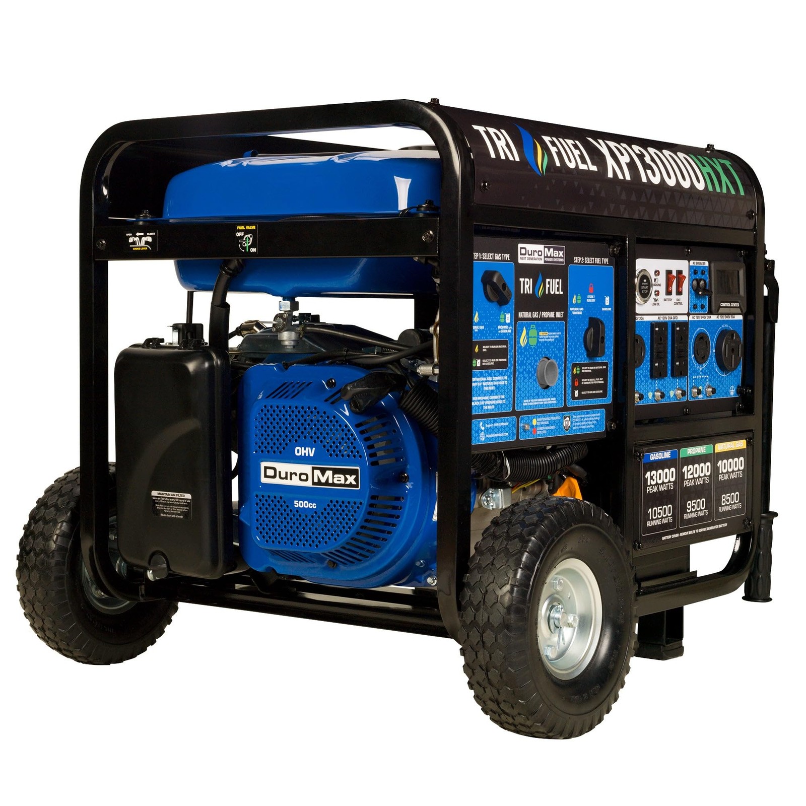 DuroMax XP13000HXT 13,000-Watt 500cc Tri Fuel Gas Propane Natural Gas Portabl…