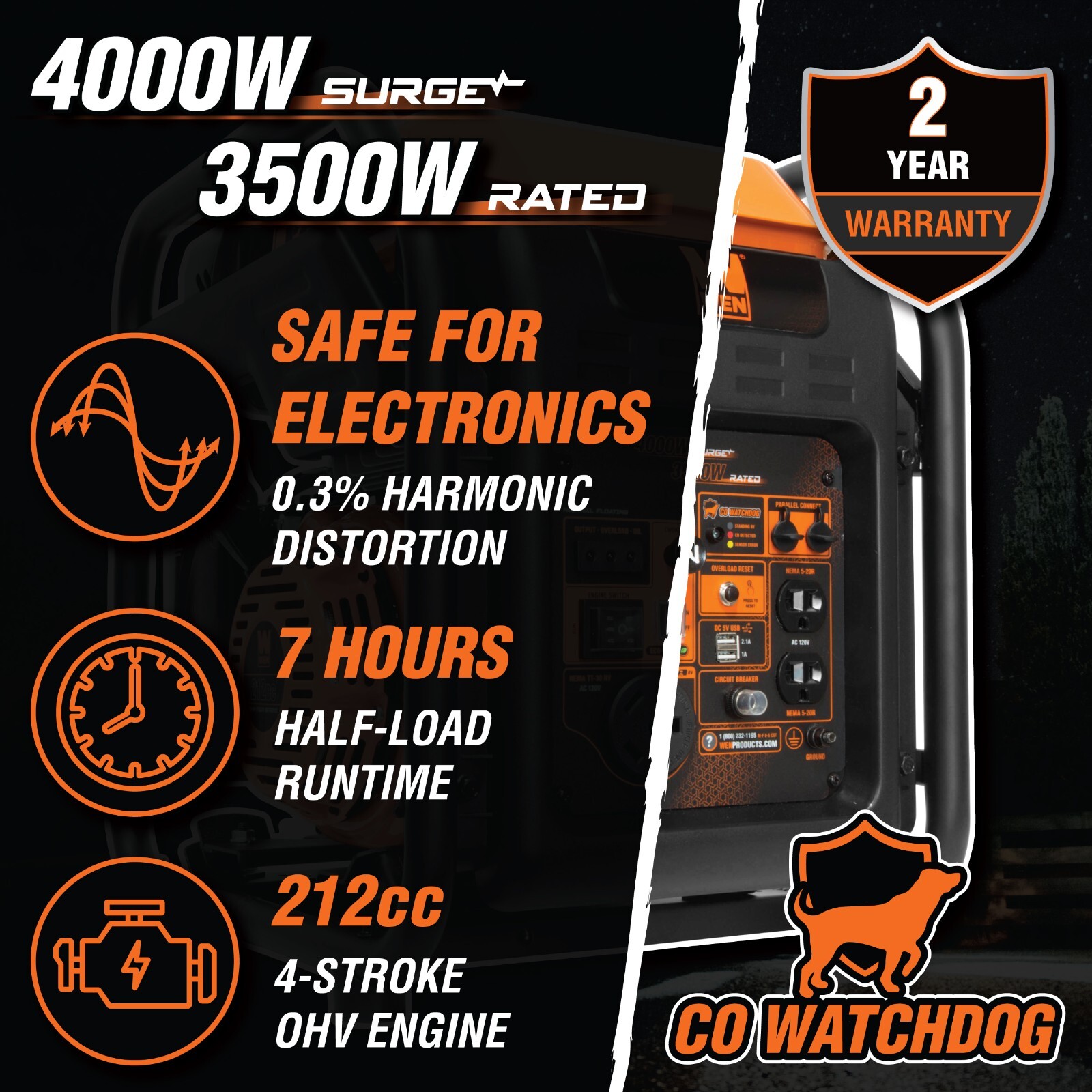 WEN GN400iX RV-Ready 4000W Open Frame Inverter Generator with CO Shutdown Sensor