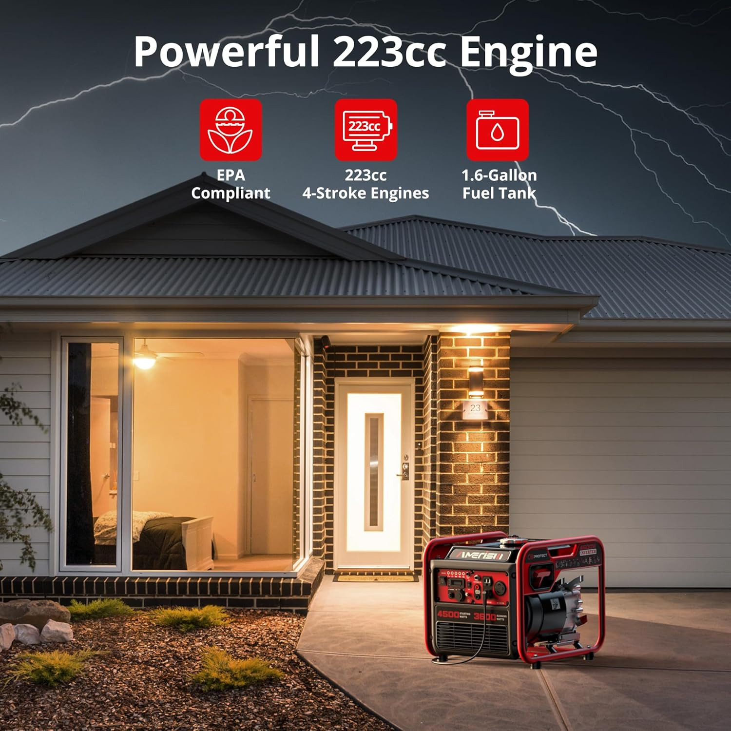 4500W Inverter Generator, Gas Powered 223Cc 4-Stroke Engine,Co Sensor & Parallel