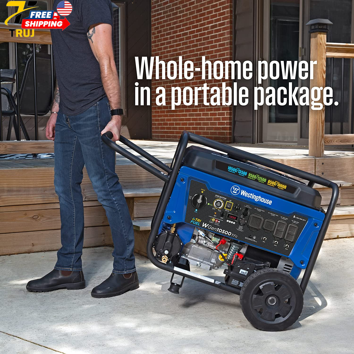 Gas Powered Portable Generator 13500 Peak Watt Tri-Fuel Home Backup Remote Elect