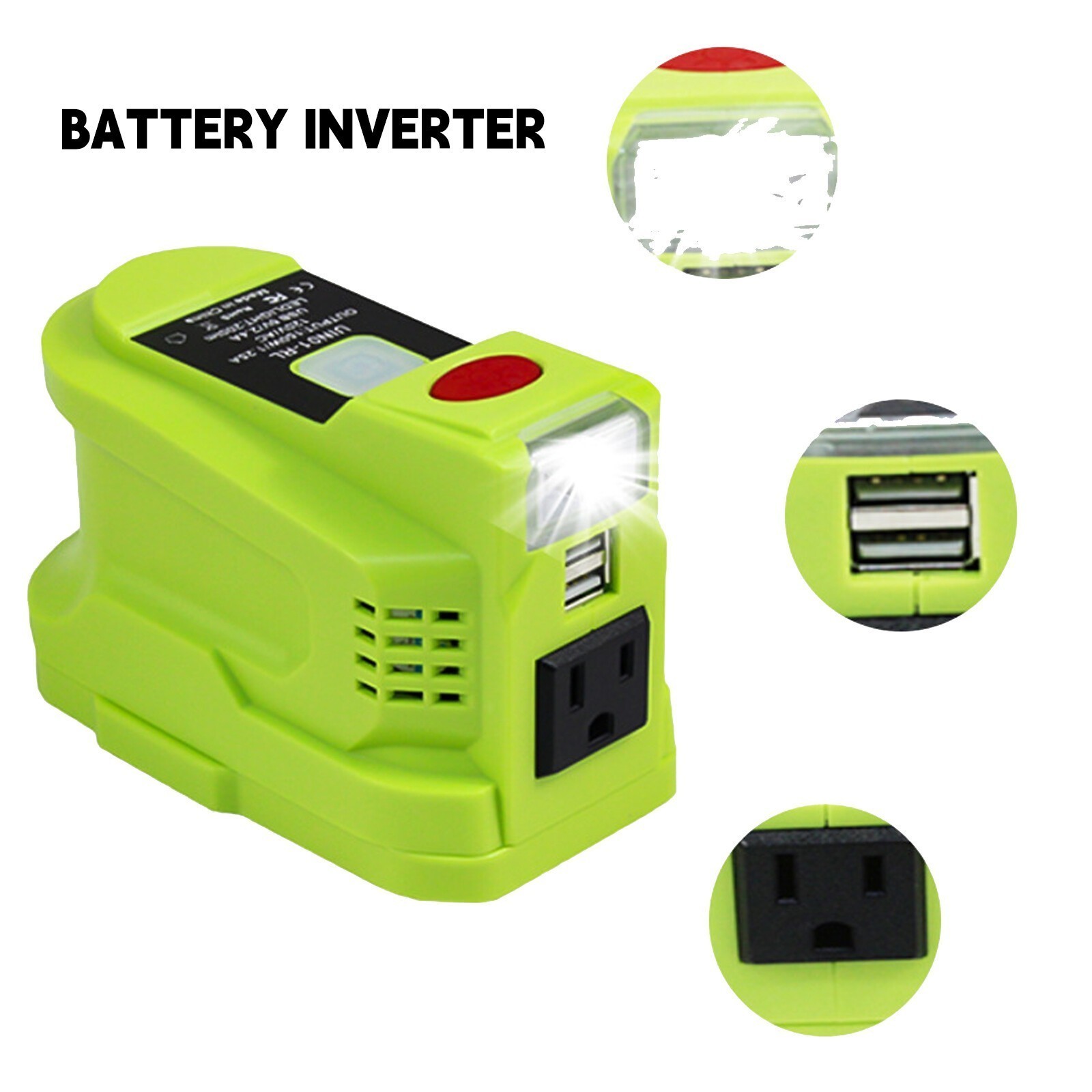150W 200LM LED Dual USB Power Inverter 120V AC For Ryobi 18V Battery Supply