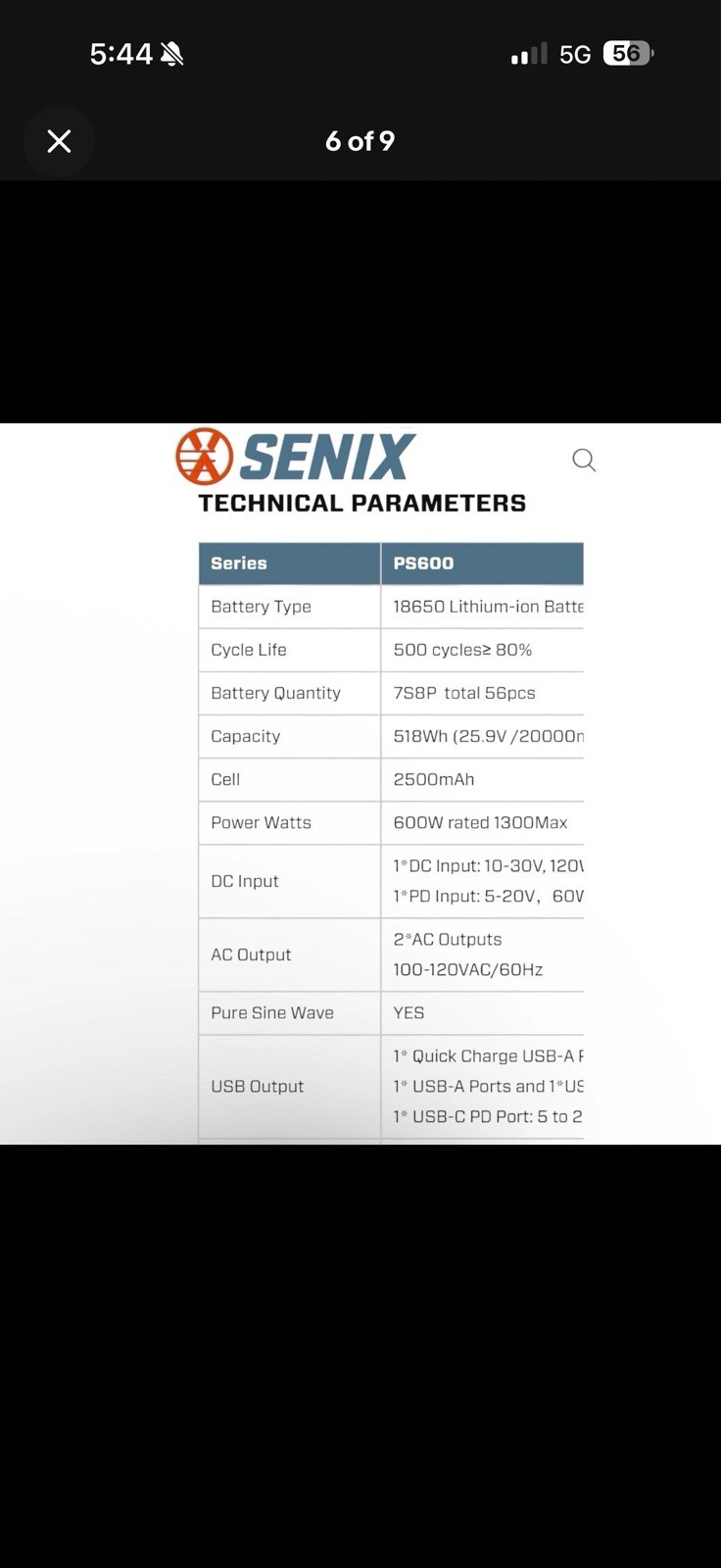 Senix PS600 600W/1200W Peak Portable Power Station 518Wh Pure Sine Wave AC/DC