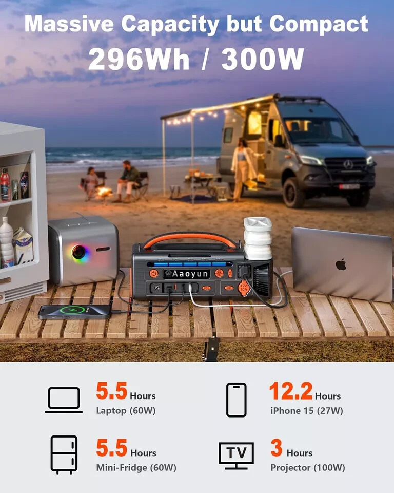 Aaoyun Portable Power Station 300W, 296Wh Battery Back-Up for Outdoor Indoor Use