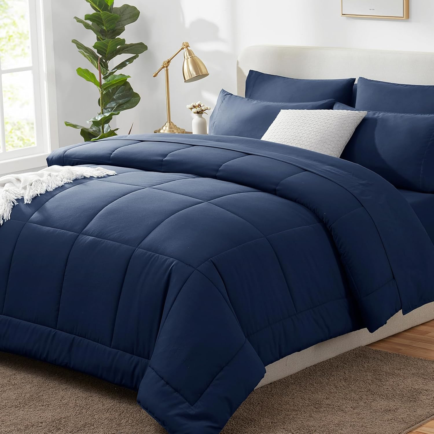 Full Size Comforter Sets Navy Blue, 7 Pieces Bed in a Bag, Blue Comforter Full S
