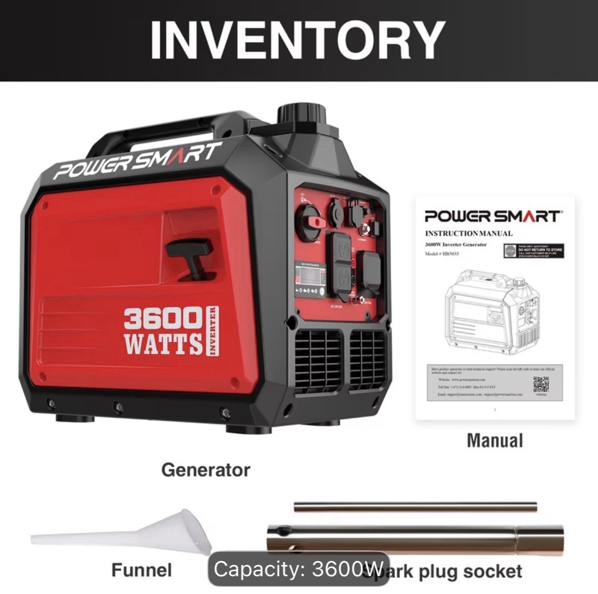 Powersmart 3600W Super Quiet Portable RV Ready Gas Inverter Generator, CO Sensor