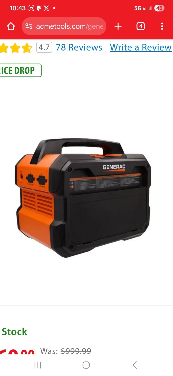Generac Portable Power Generator Dual Color Orange Black Outdoor Home Backup