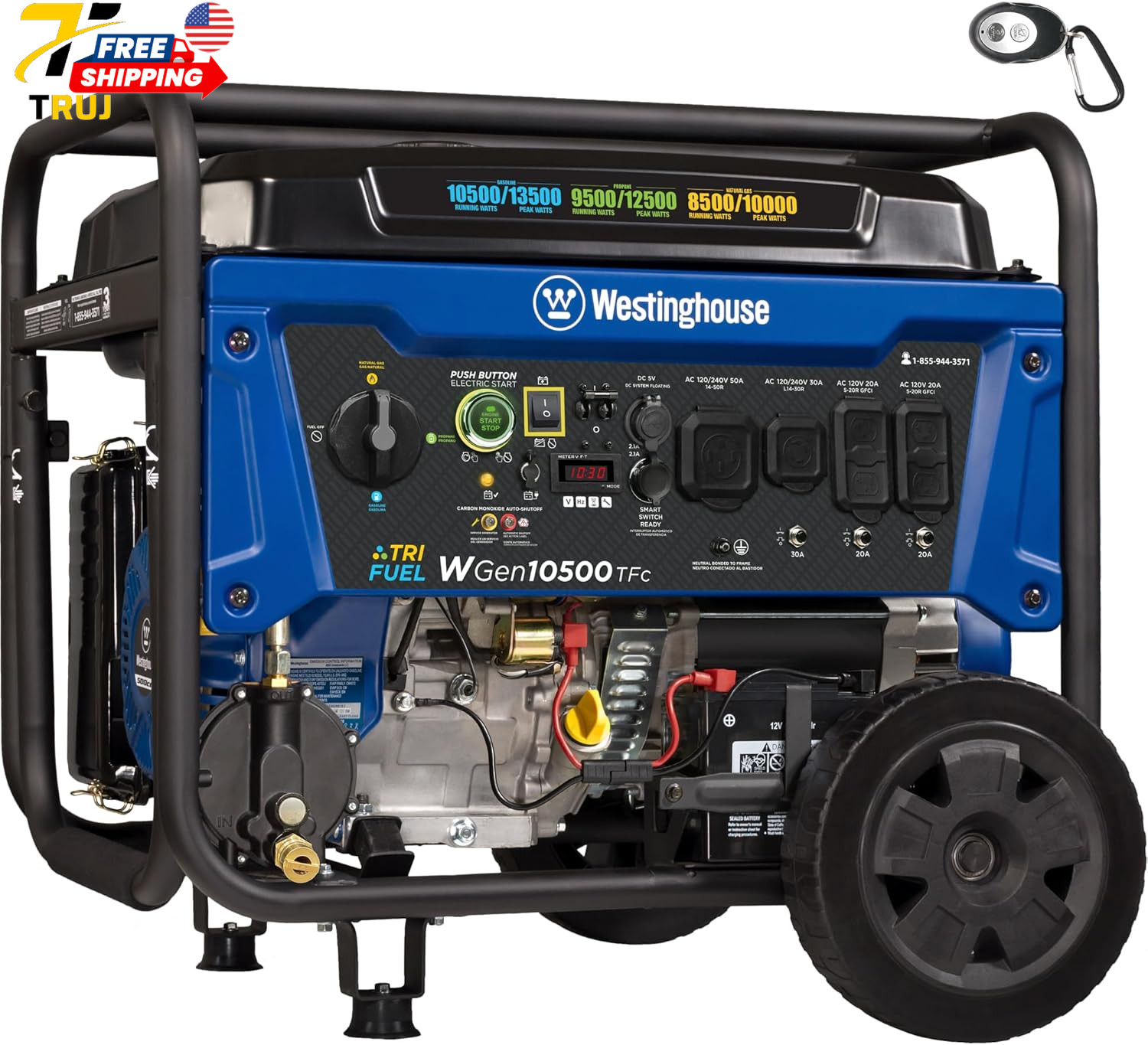 Gas Powered Portable Generator 13500 Peak Watt Tri-Fuel Home Backup Remote Elect