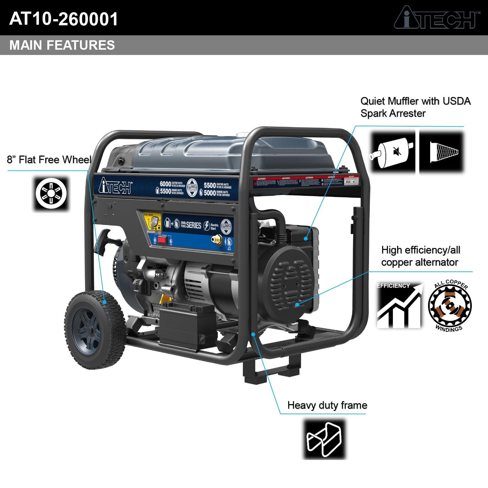 A-iTech 5000W / 6000W Portable Dual Fuel Generator , Electric Start