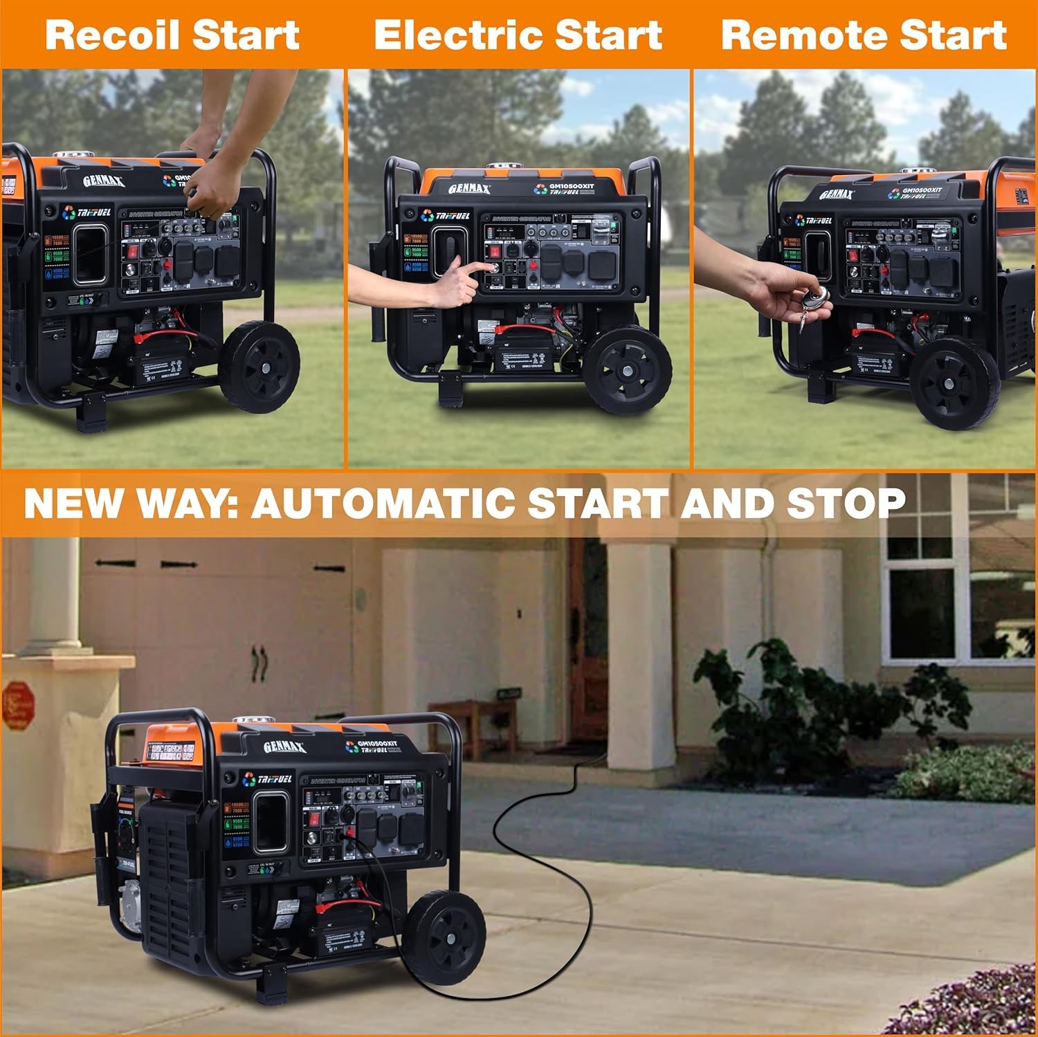 GENMAX 10,500-W Portable Tri Fuel Gas Inverter Generator, Remote Start CO Sensor