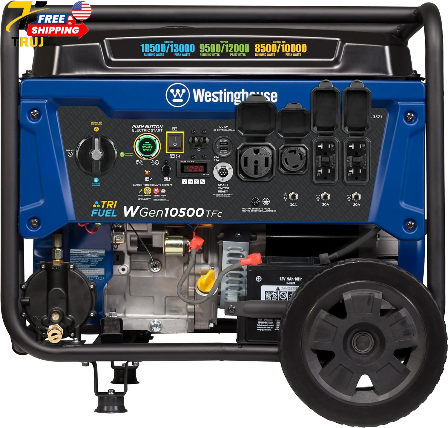 Gas Powered Portable Generator 13500 Peak Watt Tri-Fuel Home Backup Remote Elect