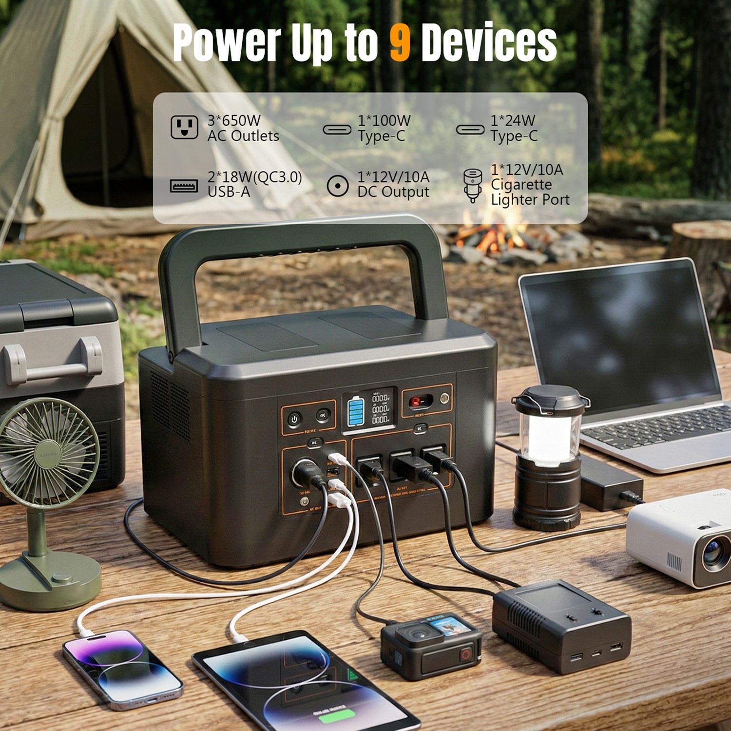 Portable Power Station 650W 576Wh Battery Camping Battery Backup Solar Generator