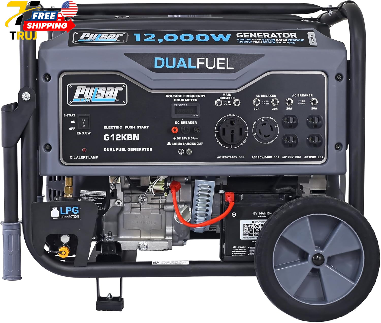 Pulsar G12KBN Heavy Duty Portable Dual Fuel Generator 9500 Rated Watts & 12000 P