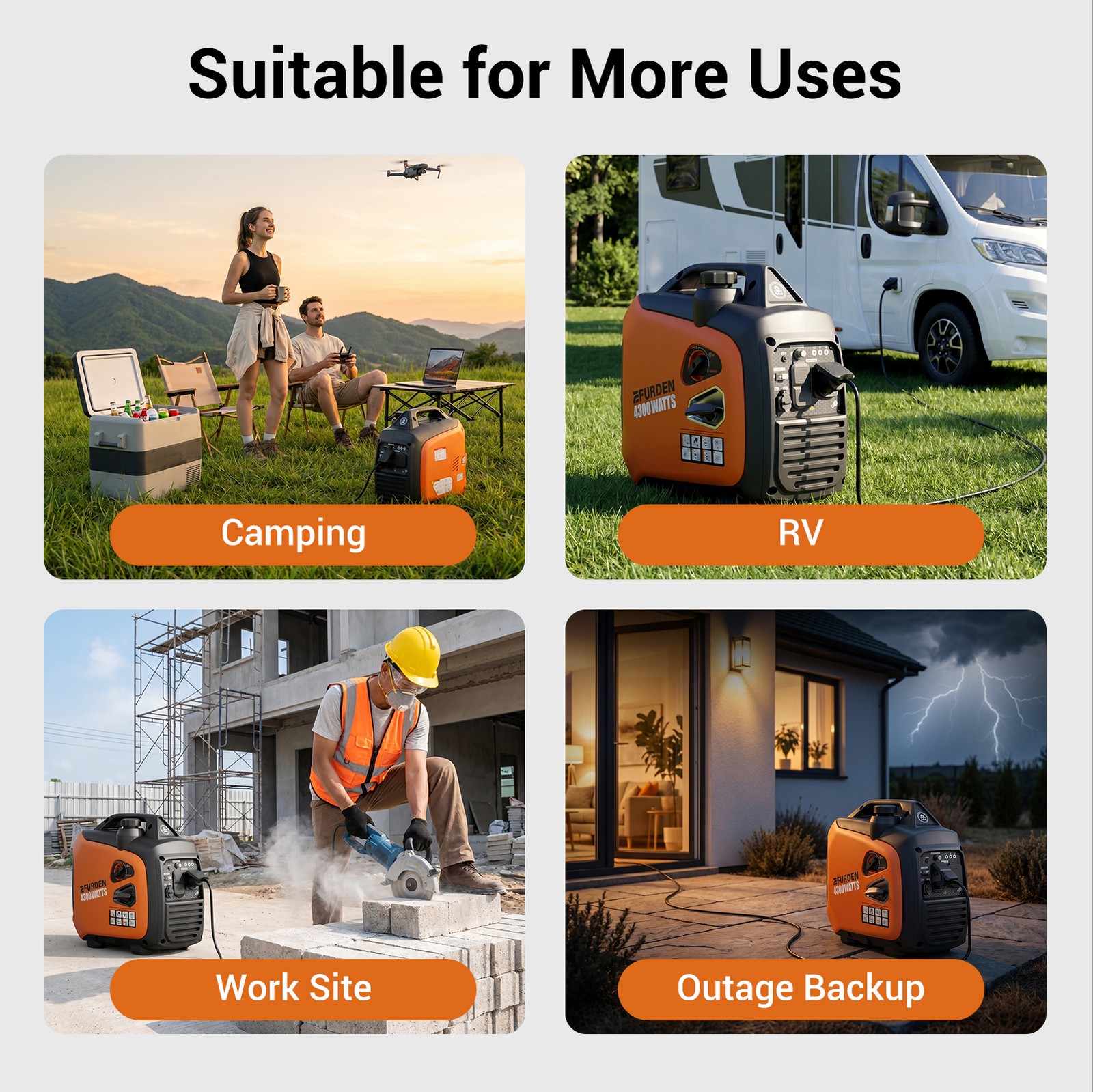 Efurden 4300W Lightweight Portable Inverter Generator Gas ECO Mode for Home & RV