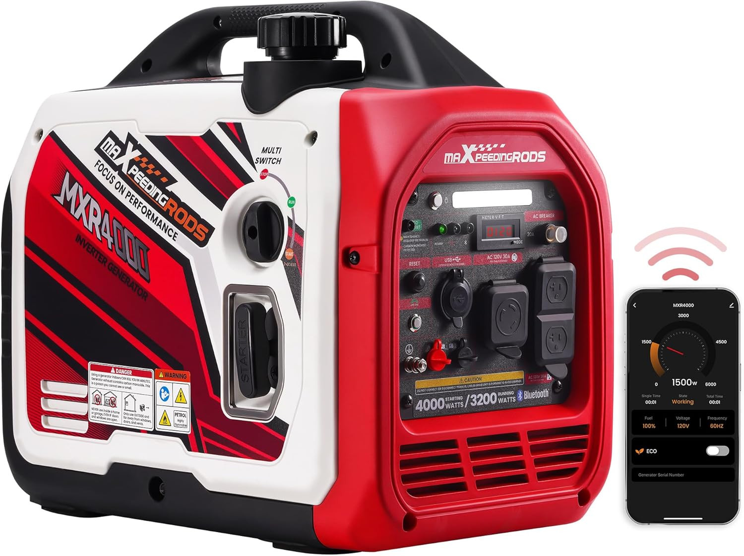 4000 Watt Inverter Generator Portable, Bluetooth® App Remote Data Monitor, RV Re