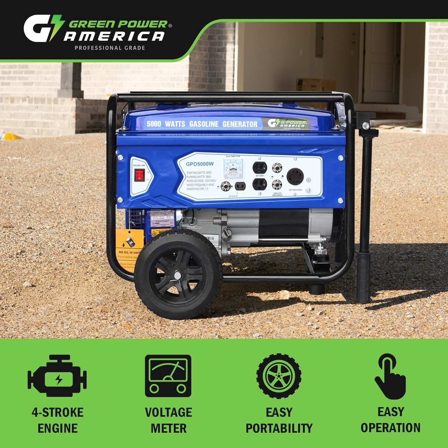 Green-Power 5,000-Watt Portable RV Ready Gas Powered Generator with Wheel Kit