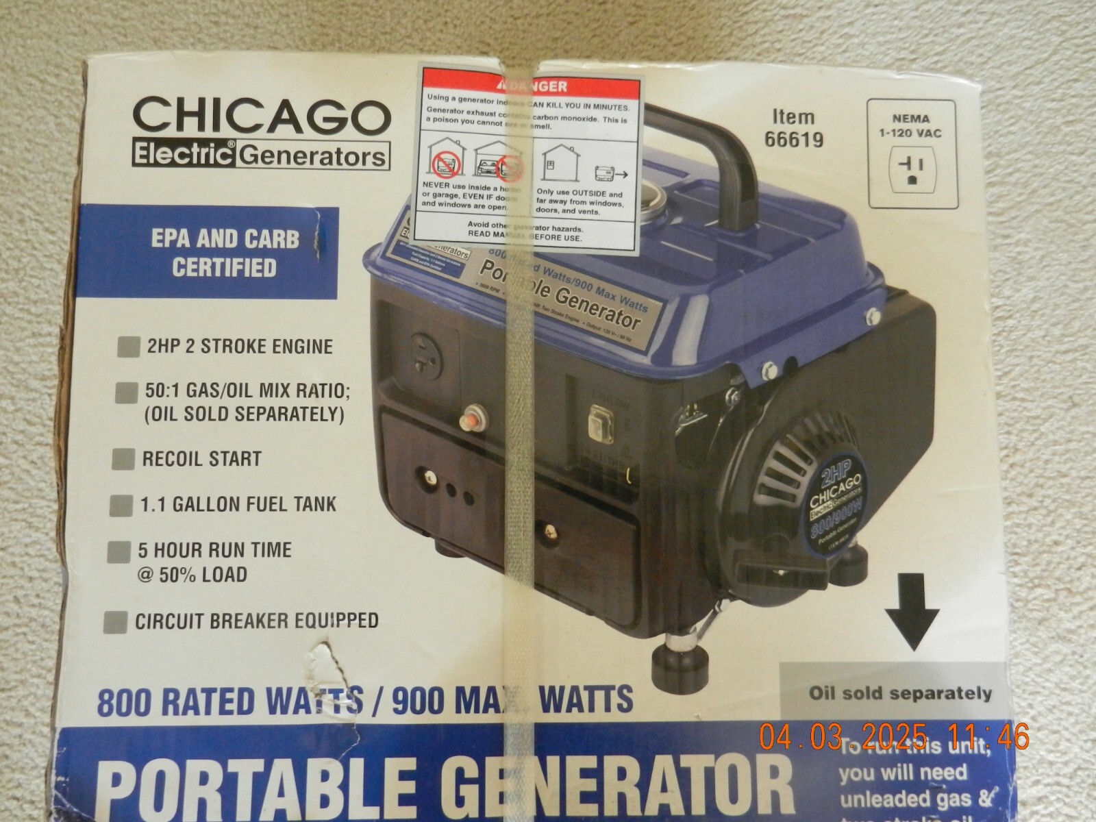 GENERATOR-CHICAGO ELECTRIC Portable Generator 2HP 800/900W 5 Hour Run Time- NEW