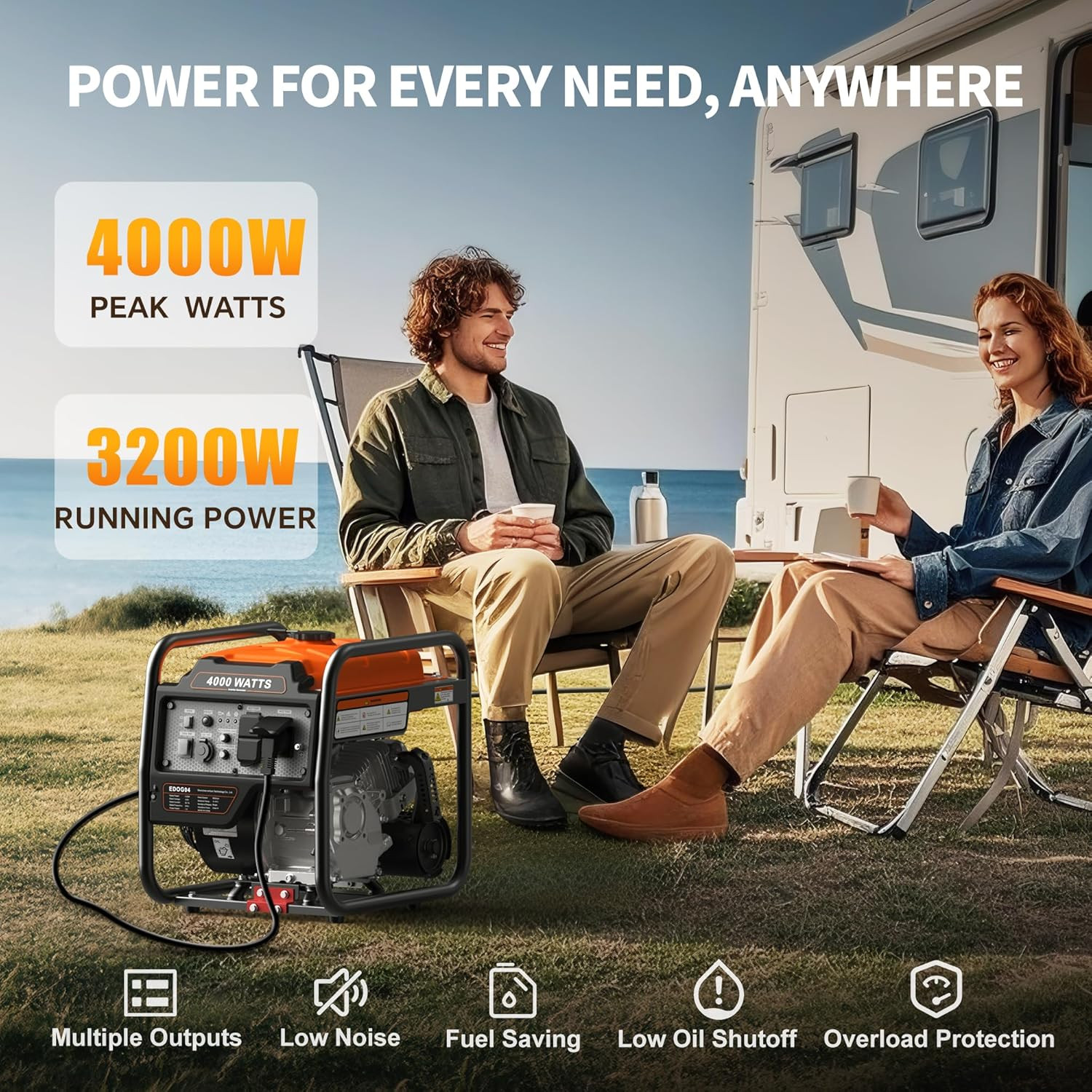 4000W Portable Gas Generator with Eco Mode and Low Oil Shutoff – Orange